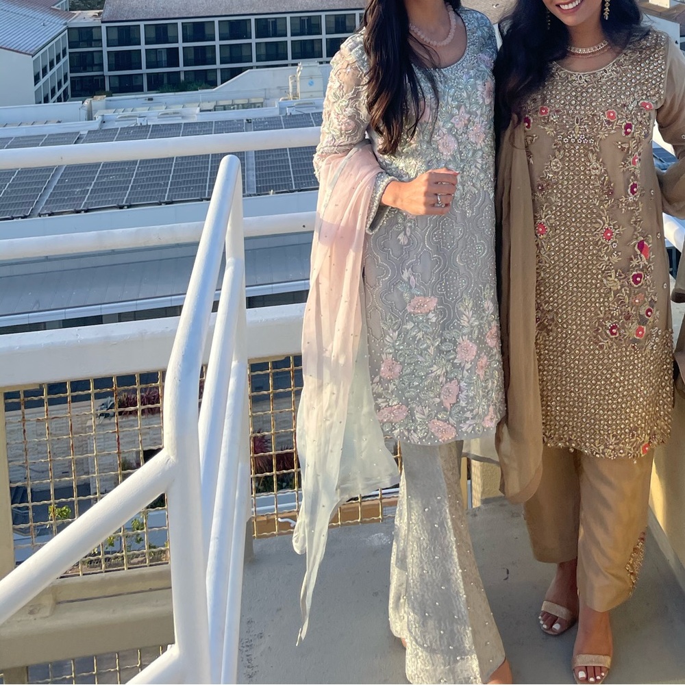Farah Talib Aziz grey and pink 3 piece suit